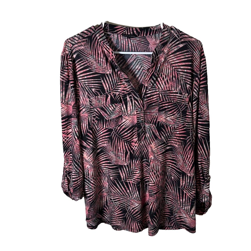 Ava & Grace Blouse Women's Large V-Neck Popover Long Sleeve Floral Shirt Top